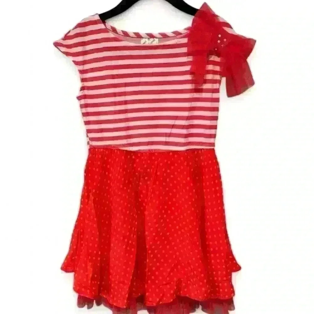 D-Signed Disney Girls Red Striped Polka Dot Dress Bow Accent Size Small